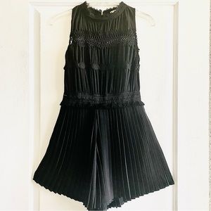 GIANNI BINI | Black Lace Embroidered Fringe + Pleated Shorts Romper | Si…